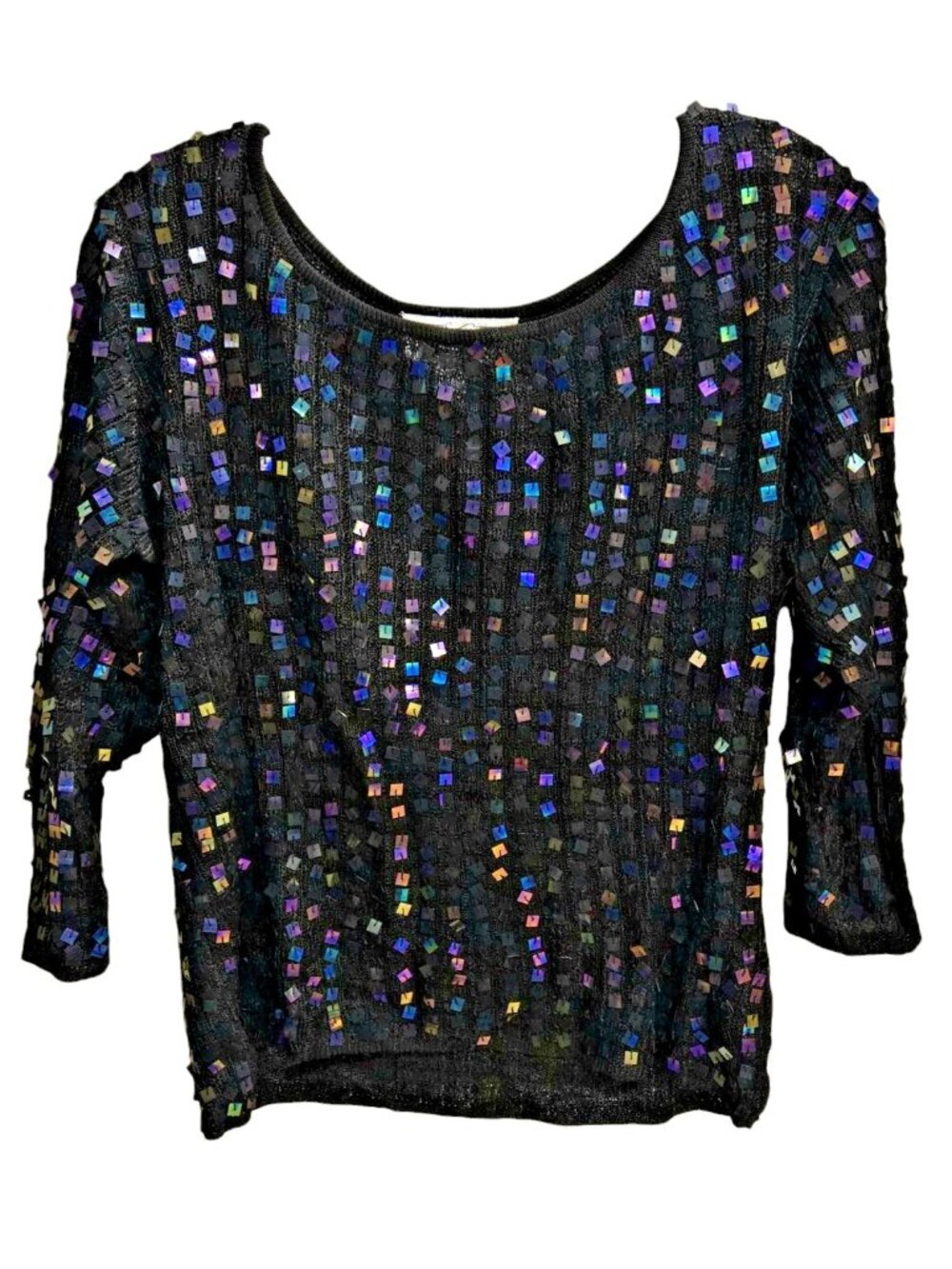 Vintage Aurora Borealis Sequin Top Women's L Black Scoop Neck Victoria Holley